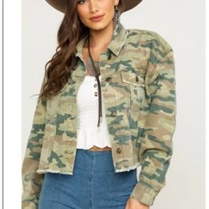 Free People Cropped Camouflage Denim Jacket